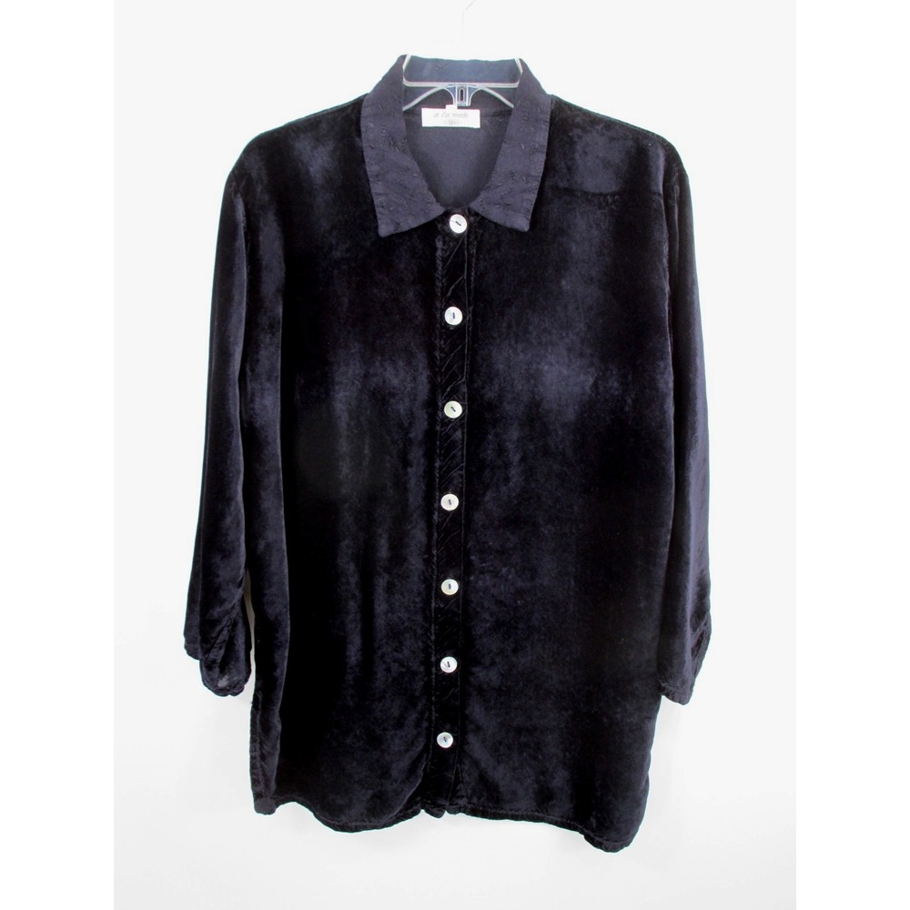 A LA MODE Black Velvet Tunic Blouse Lagenlook Embroidered Collar Womens Large
